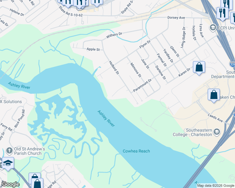 map of restaurants, bars, coffee shops, grocery stores, and more near 4629 Ashley View Lane in North Charleston