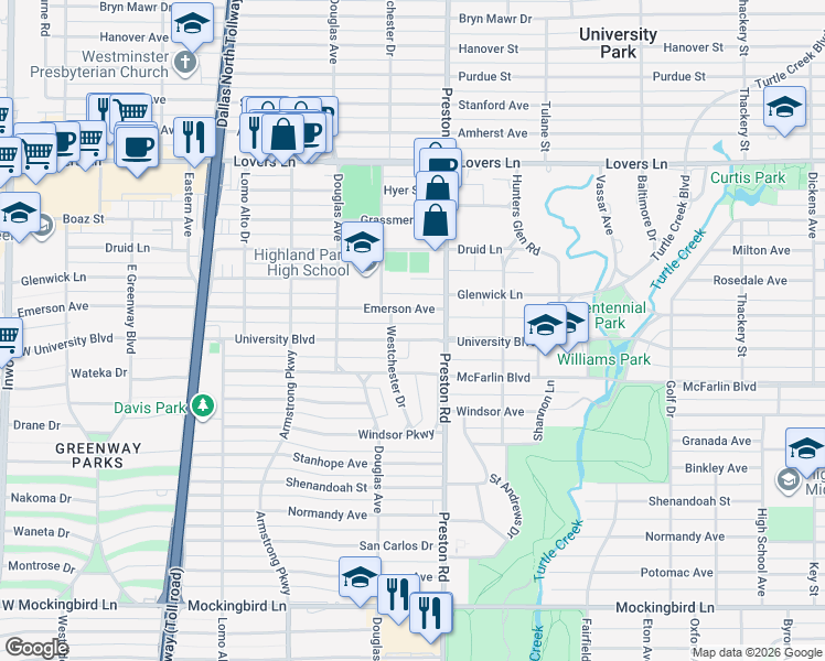 map of restaurants, bars, coffee shops, grocery stores, and more near 4126 University Boulevard in Dallas