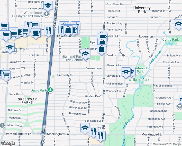map of restaurants, bars, coffee shops, grocery stores, and more near 4210 University Boulevard in Dallas