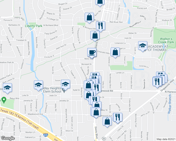 map of restaurants, bars, coffee shops, grocery stores, and more near 5425 Randol Drive in Fort Worth
