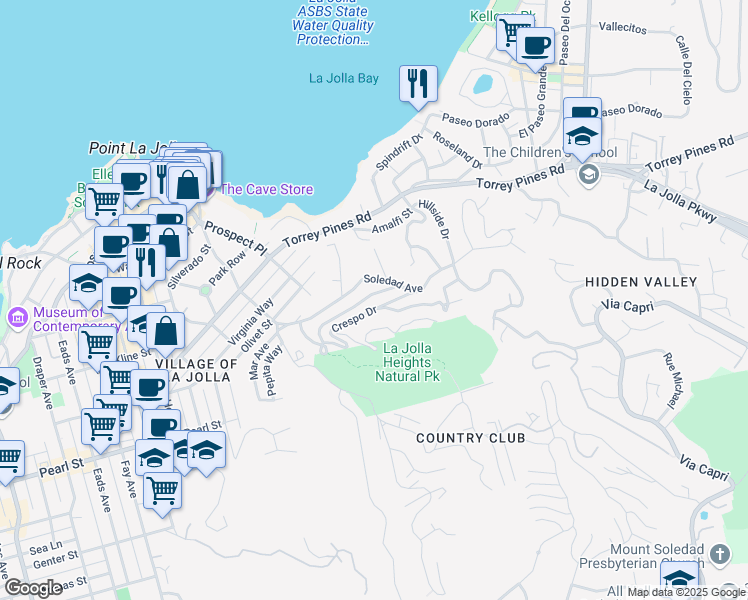 map of restaurants, bars, coffee shops, grocery stores, and more near 1665 Kearsarge Rd in La Jolla