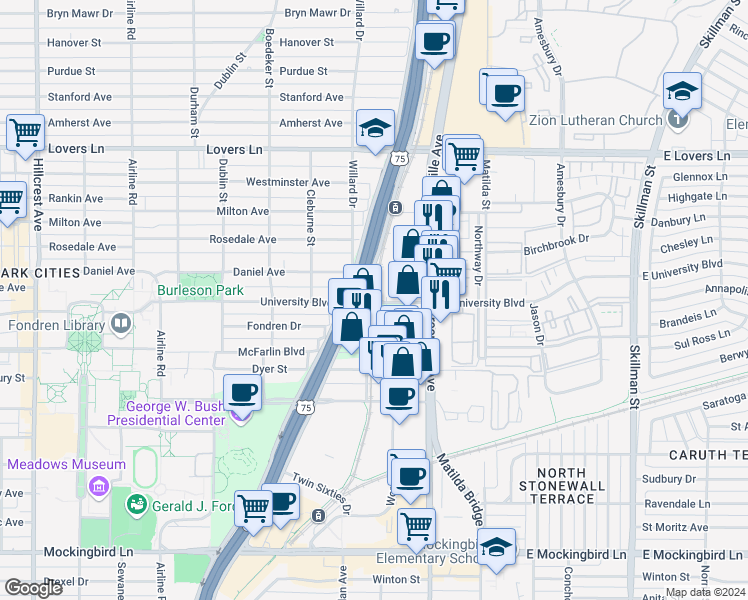 map of restaurants, bars, coffee shops, grocery stores, and more near 5910 East University Boulevard in Dallas