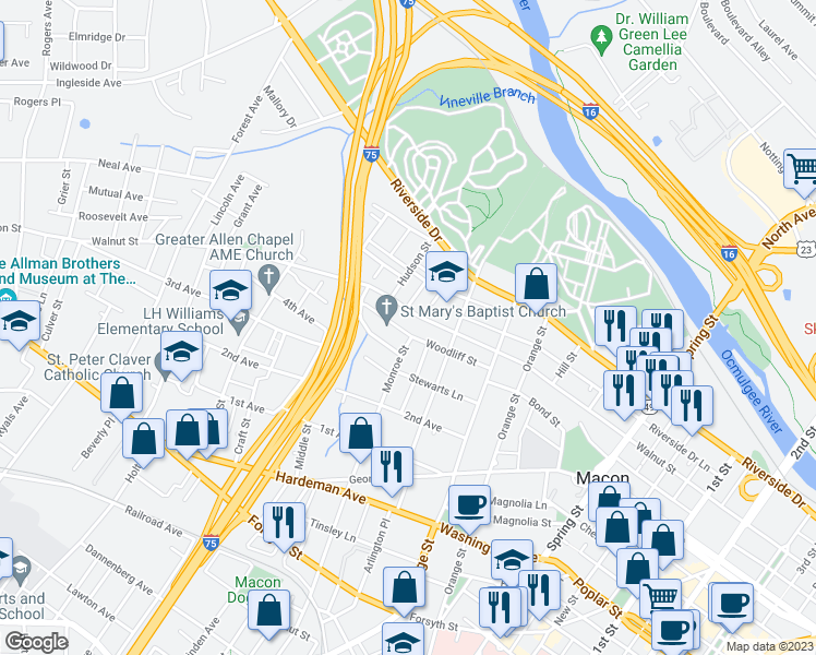 map of restaurants, bars, coffee shops, grocery stores, and more near 1417 Woodliff Street in Macon