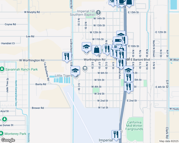 map of restaurants, bars, coffee shops, grocery stores, and more near 515 West 6th Street in Imperial