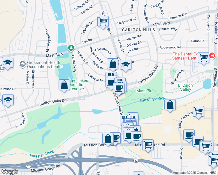 map of restaurants, bars, coffee shops, grocery stores, and more near 9309 East Heaney Circle in Santee