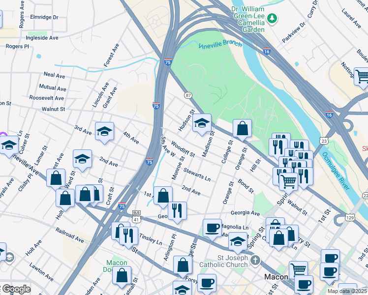 map of restaurants, bars, coffee shops, grocery stores, and more near 1407 Woodliff Street in Macon