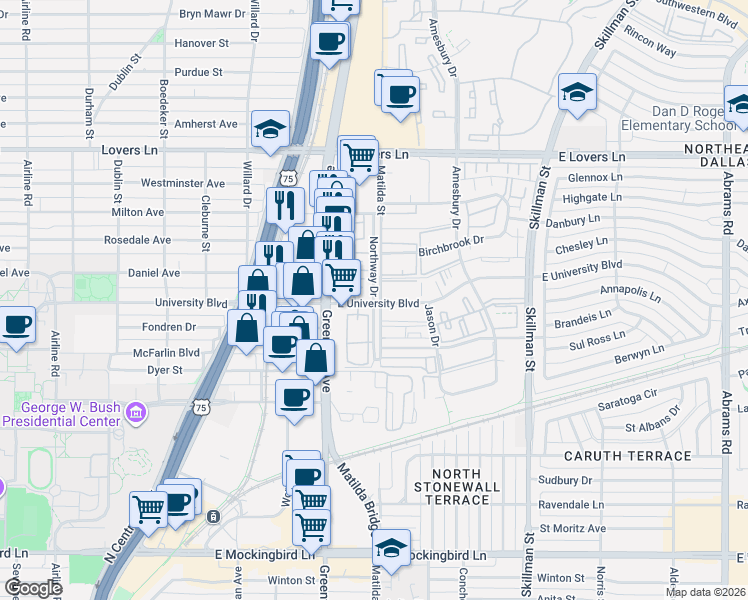map of restaurants, bars, coffee shops, grocery stores, and more near 5757 East University Boulevard in Dallas