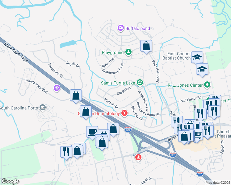 map of restaurants, bars, coffee shops, grocery stores, and more near 319 Old South Way in Mount Pleasant