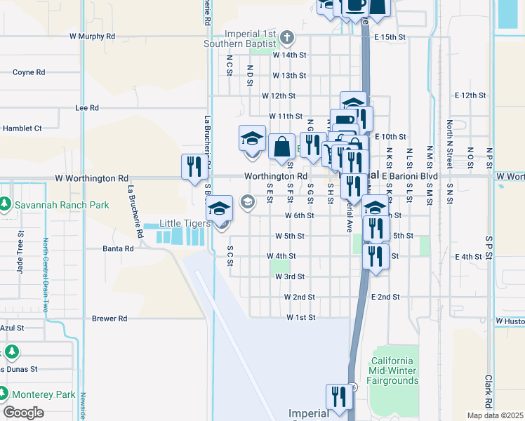 map of restaurants, bars, coffee shops, grocery stores, and more near 515 West 6th Street in Imperial