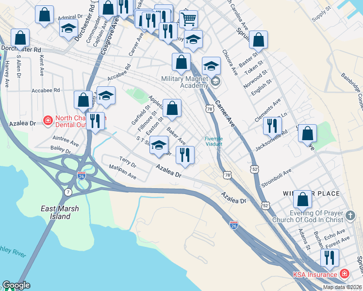 map of restaurants, bars, coffee shops, grocery stores, and more near 2209 Adair Street in North Charleston