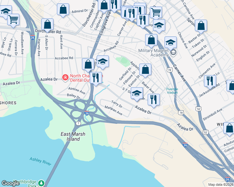 map of restaurants, bars, coffee shops, grocery stores, and more near 3100 Azalea Drive in North Charleston