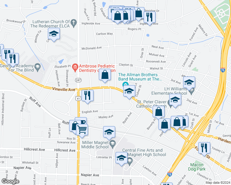 map of restaurants, bars, coffee shops, grocery stores, and more near 145 Buckingham Place in Macon
