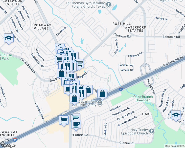 map of restaurants, bars, coffee shops, grocery stores, and more near 656 Castleglen Drive in Garland
