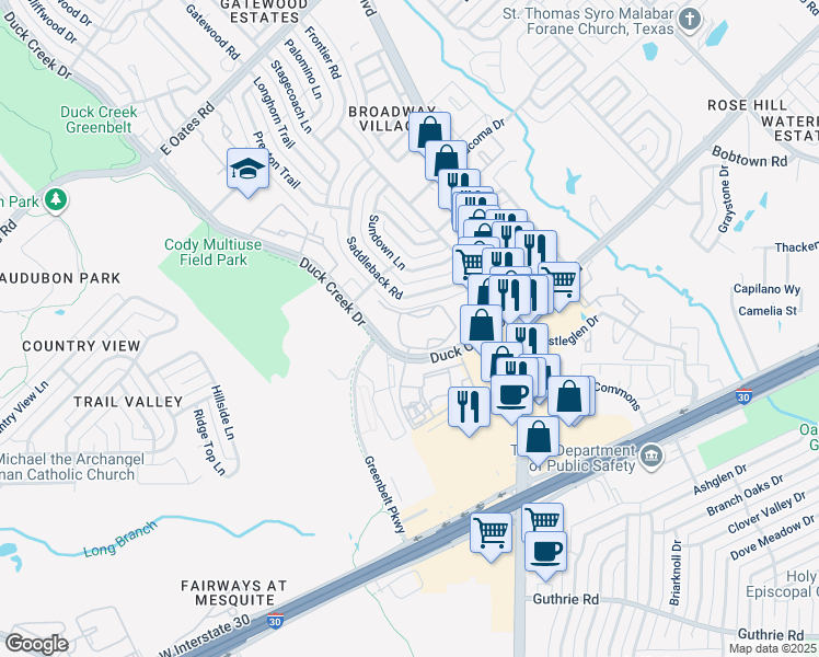 map of restaurants, bars, coffee shops, grocery stores, and more near 6202 Duck Creek Drive in Garland