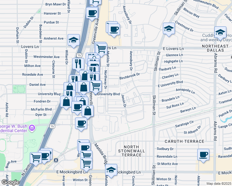 map of restaurants, bars, coffee shops, grocery stores, and more near 5818 East University Boulevard in Dallas