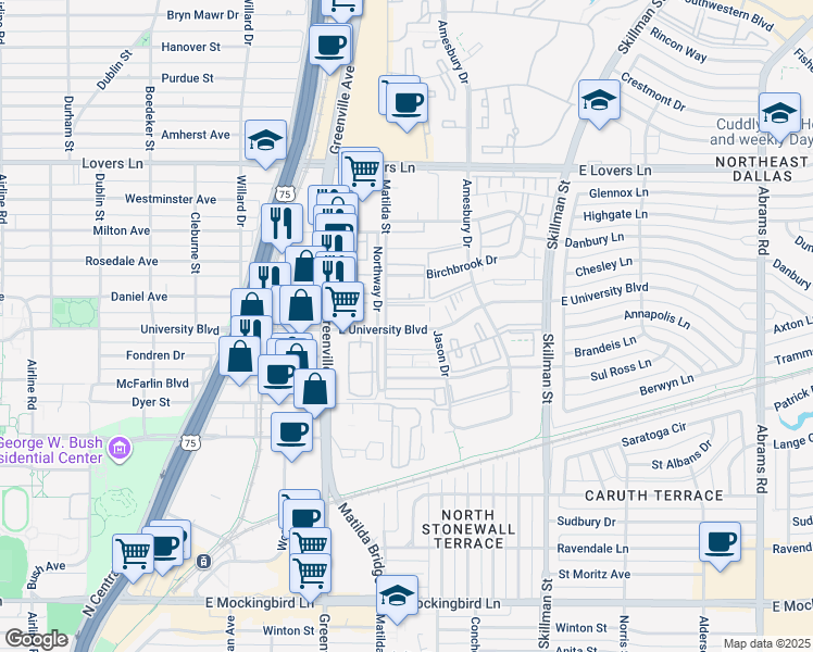 map of restaurants, bars, coffee shops, grocery stores, and more near 5818 East University Boulevard in Dallas