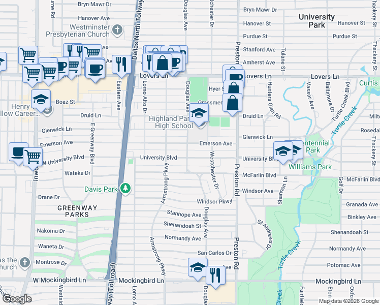 map of restaurants, bars, coffee shops, grocery stores, and more near 6598 Douglas Avenue in Dallas