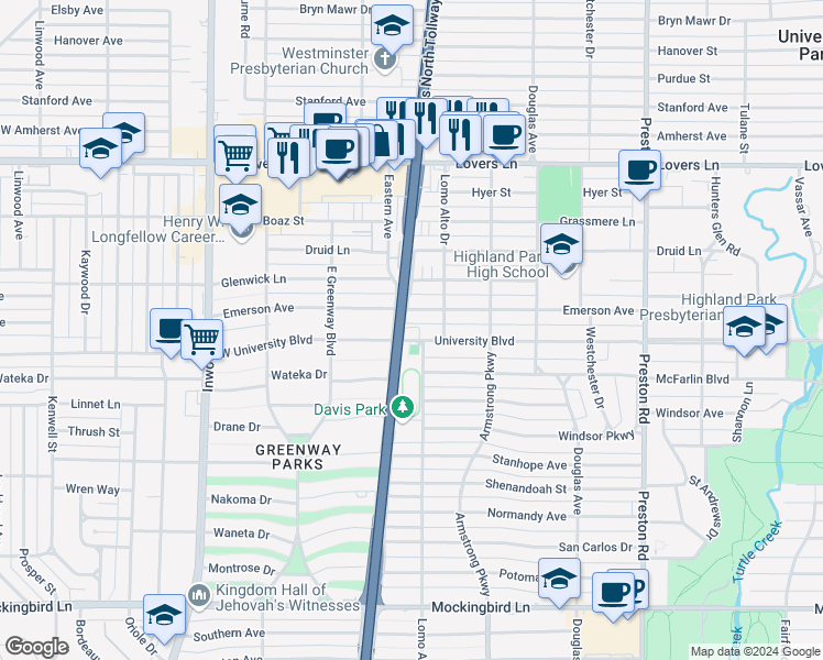 map of restaurants, bars, coffee shops, grocery stores, and more near 4516 University Boulevard in Dallas