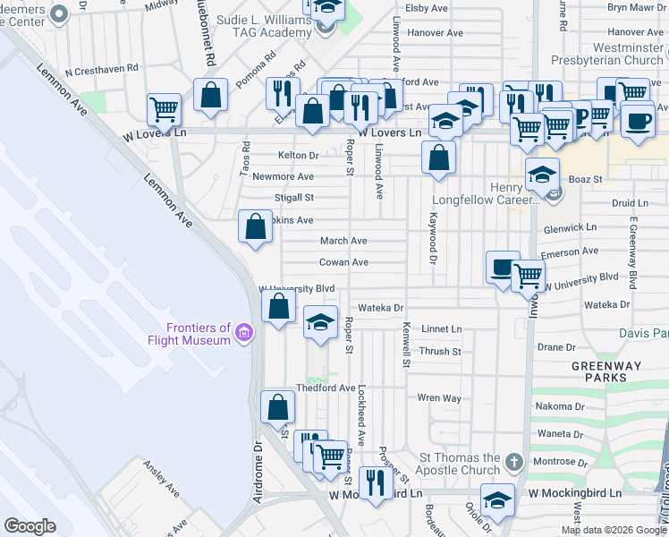 map of restaurants, bars, coffee shops, grocery stores, and more near 4603 West University Boulevard in Dallas