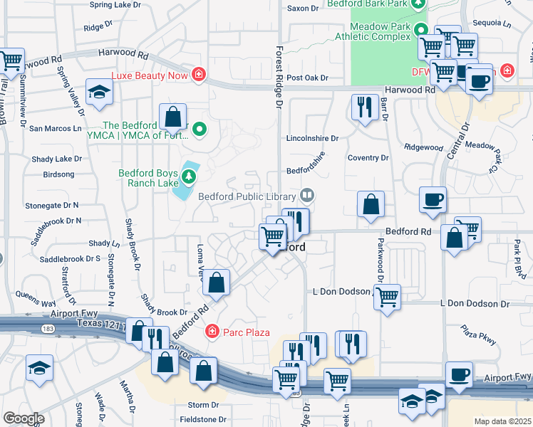 map of restaurants, bars, coffee shops, grocery stores, and more near 1500 Shady Lane in Bedford