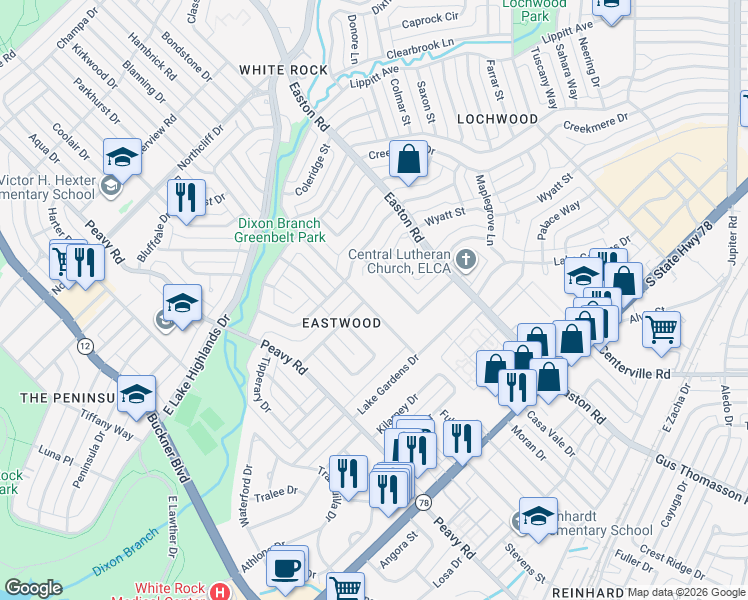 map of restaurants, bars, coffee shops, grocery stores, and more near 934 Sylvania Drive in Dallas