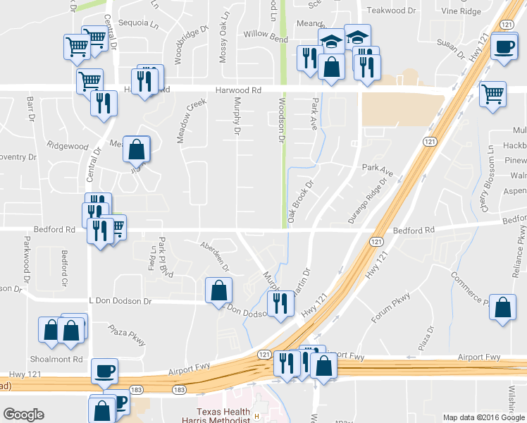 map of restaurants, bars, coffee shops, grocery stores, and more near 2621 Bedford Rd in Bedford