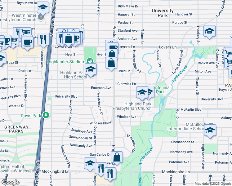 map of restaurants, bars, coffee shops, grocery stores, and more near 4034 University Boulevard in Dallas