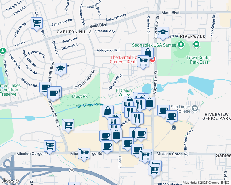 map of restaurants, bars, coffee shops, grocery stores, and more near 113 River Rock Court in Santee