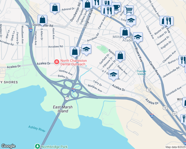map of restaurants, bars, coffee shops, grocery stores, and more near 3119 Azalea Drive in North Charleston