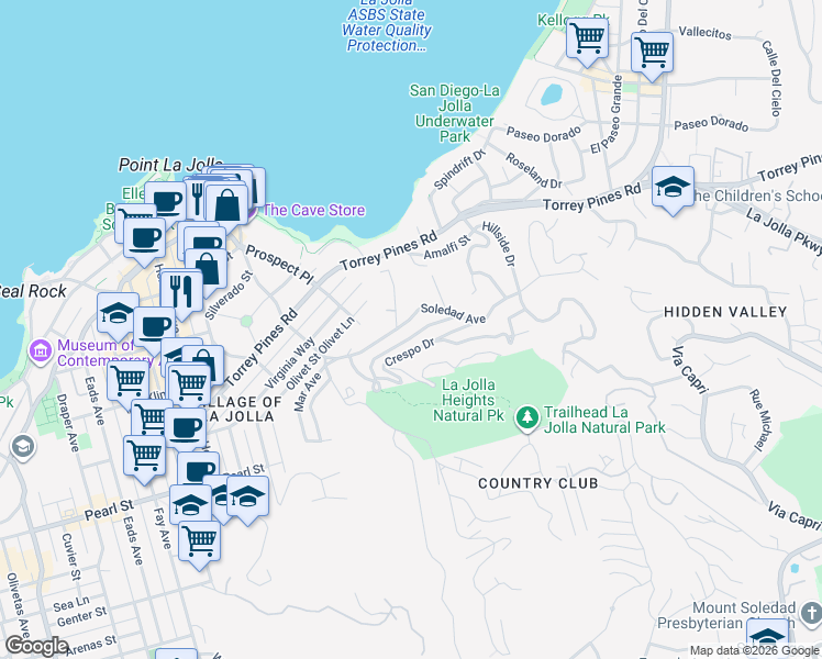 map of restaurants, bars, coffee shops, grocery stores, and more near 1617 Soledad Avenue in San Diego