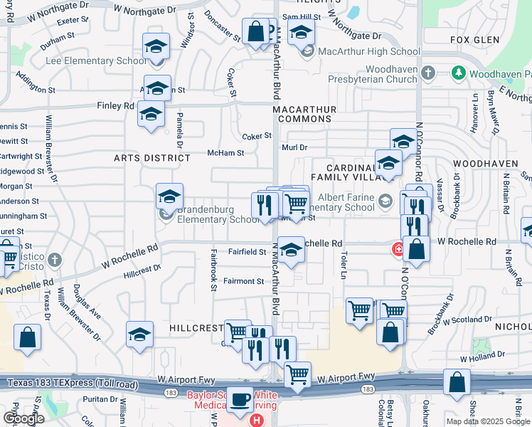 map of restaurants, bars, coffee shops, grocery stores, and more near 2901 North MacArthur Boulevard in Irving