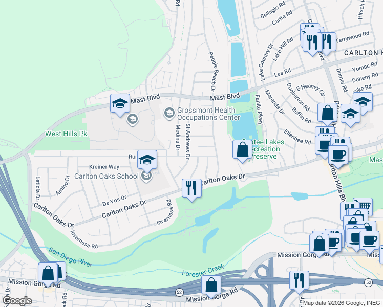 map of restaurants, bars, coffee shops, grocery stores, and more near 8756 Rumson Drive in Santee