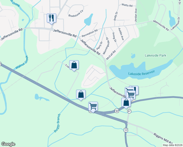 map of restaurants, bars, coffee shops, grocery stores, and more near 1st Street in Macon