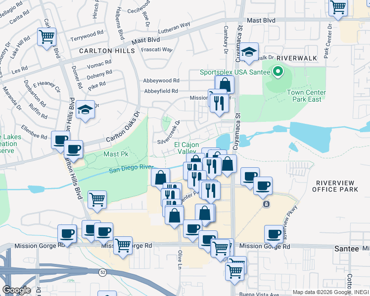 map of restaurants, bars, coffee shops, grocery stores, and more near 173 River Rock Court in Santee
