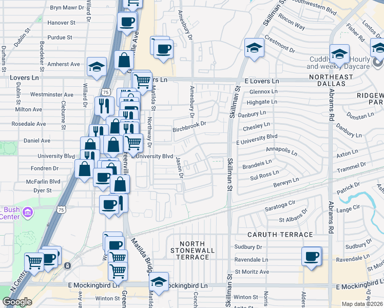 map of restaurants, bars, coffee shops, grocery stores, and more near 5908 East University Boulevard in Dallas
