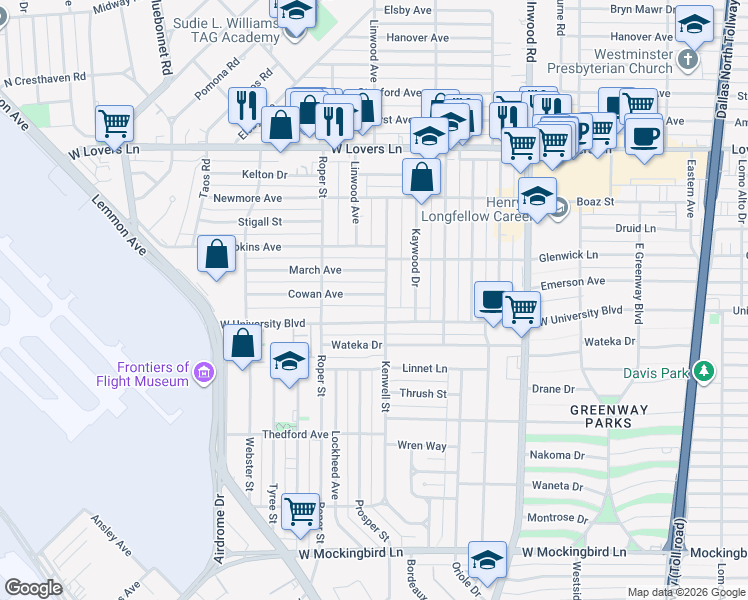 map of restaurants, bars, coffee shops, grocery stores, and more near 4818 Cowan Avenue in Dallas