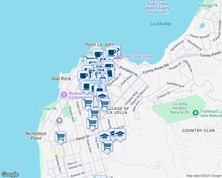 map of restaurants, bars, coffee shops, grocery stores, and more near 7769 Ivanhoe Avenue in San Diego