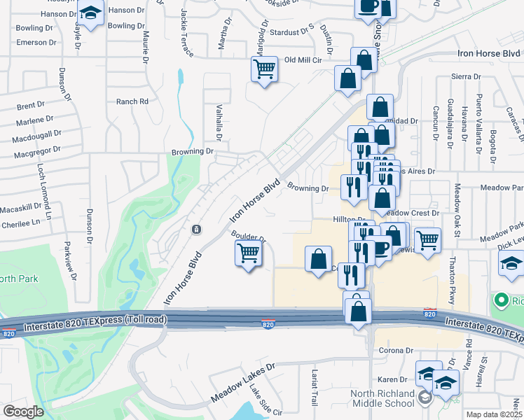 map of restaurants, bars, coffee shops, grocery stores, and more near 6416 Iron Horse Boulevard in North Richland Hills