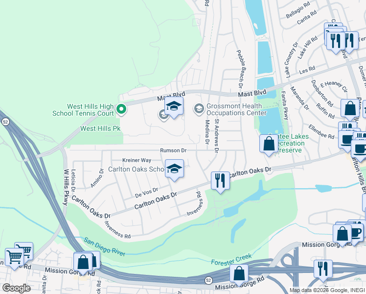 map of restaurants, bars, coffee shops, grocery stores, and more near 8633 Rumson Drive in Santee