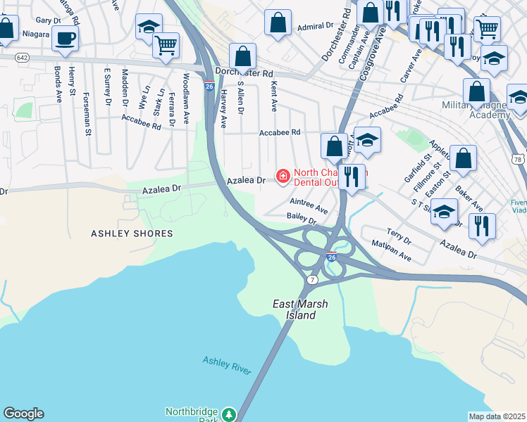 map of restaurants, bars, coffee shops, grocery stores, and more near 2388 Cambridge Avenue in North Charleston
