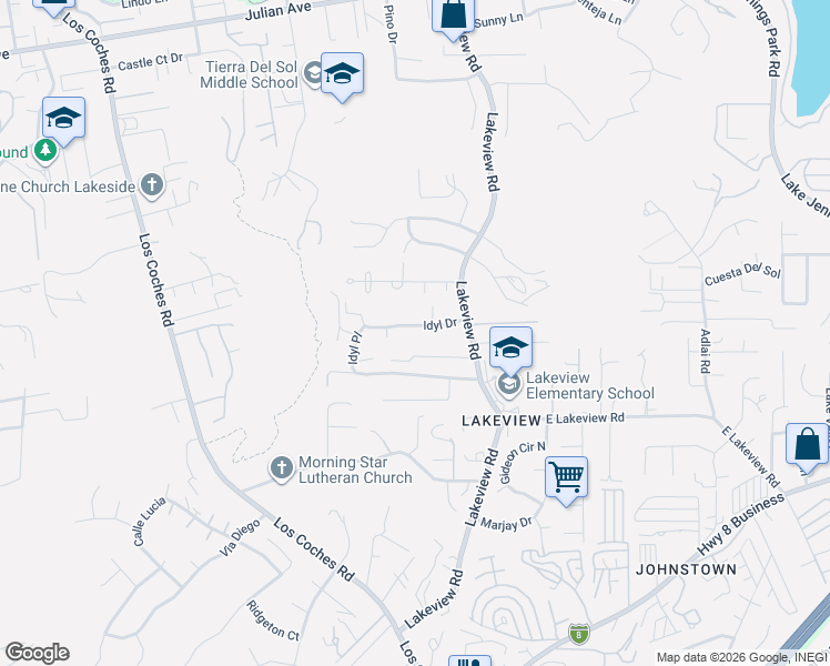 map of restaurants, bars, coffee shops, grocery stores, and more near 13235 Idyl Drive in Lakeside