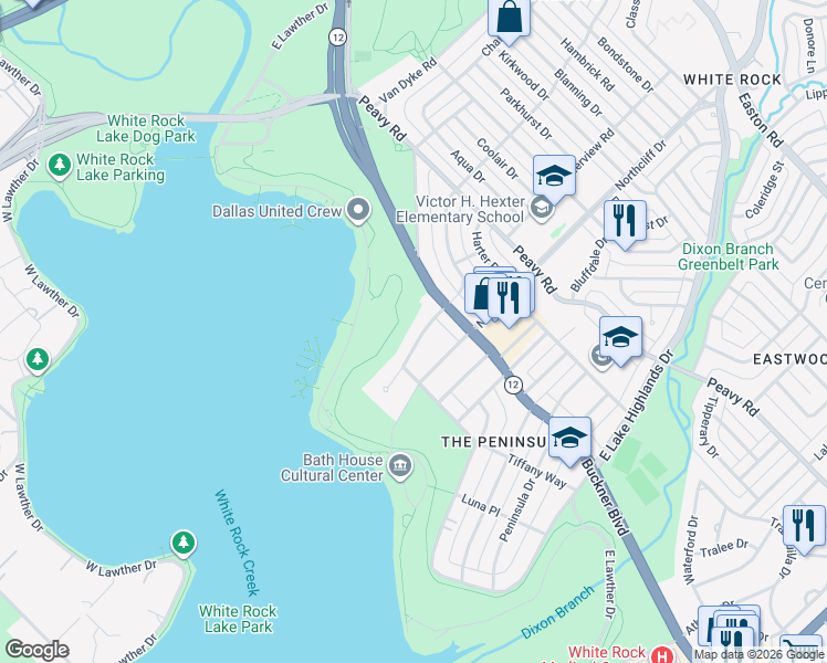 map of restaurants, bars, coffee shops, grocery stores, and more near 9417 Waterview Road in Dallas