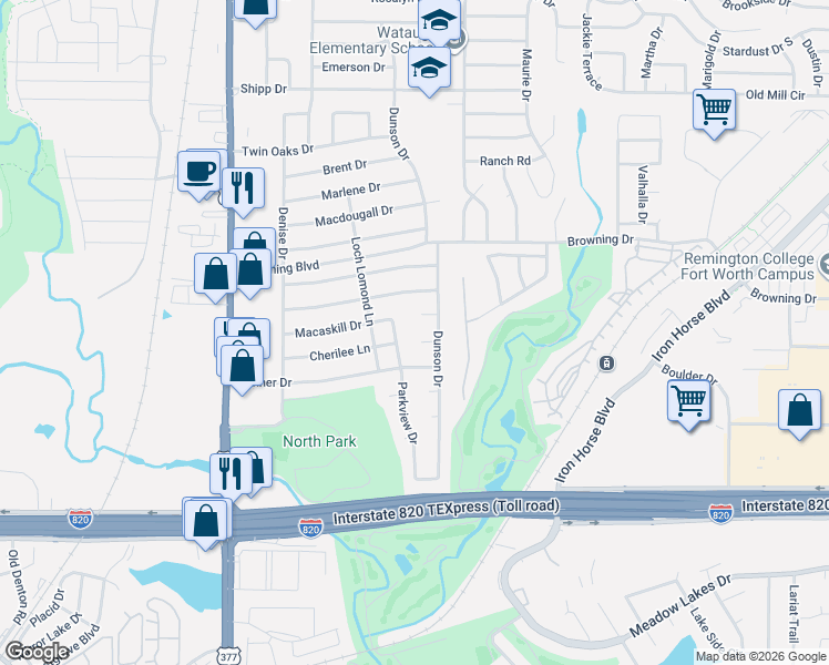 map of restaurants, bars, coffee shops, grocery stores, and more near 5728 Judie Court in Haltom City
