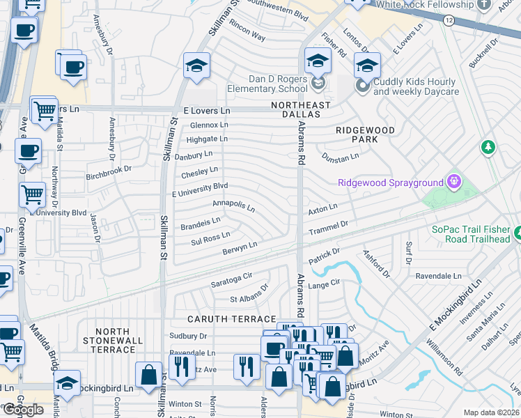 map of restaurants, bars, coffee shops, grocery stores, and more near 6305 Annapolis Lane in Dallas