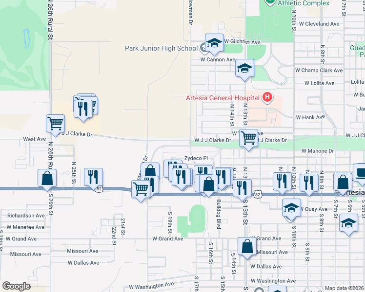 map of restaurants, bars, coffee shops, grocery stores, and more near Mahone Drive in Artesia