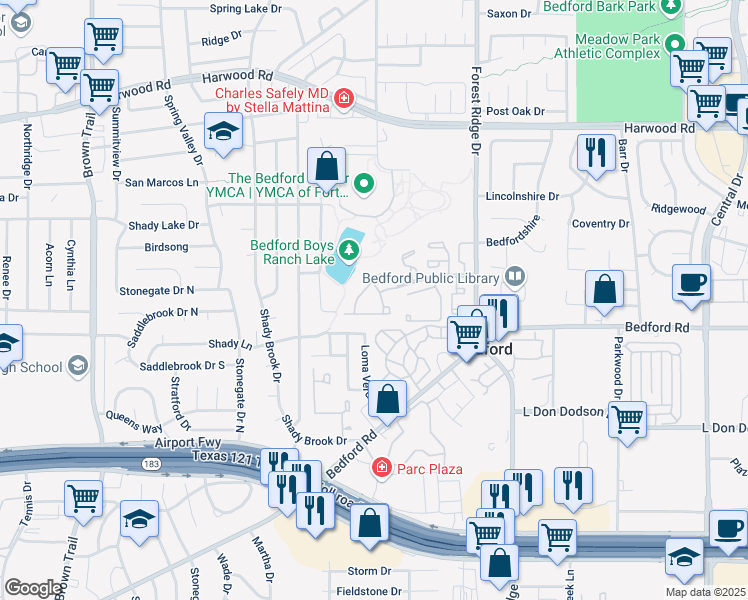 map of restaurants, bars, coffee shops, grocery stores, and more near 1328 Shady Lane in Bedford