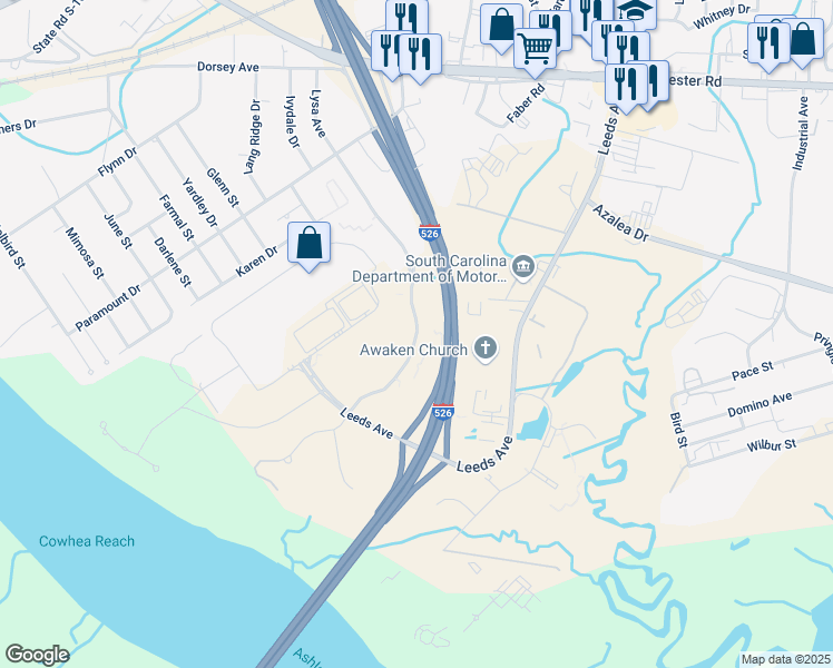 map of restaurants, bars, coffee shops, grocery stores, and more near 4000 Faber Place Drive in North Charleston