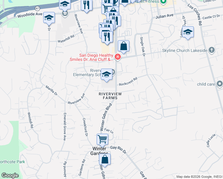 map of restaurants, bars, coffee shops, grocery stores, and more near 12039 Rockcrest Road in Lakeside
