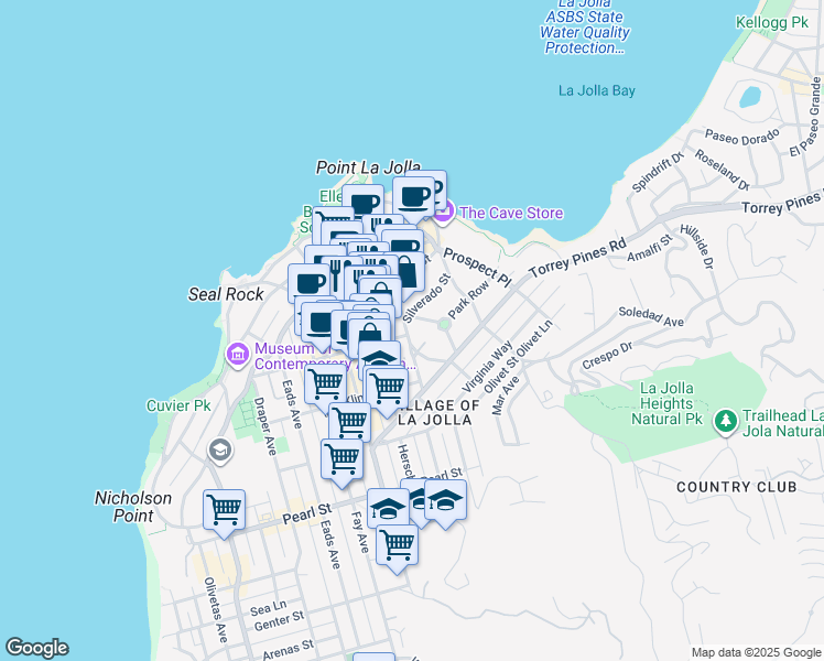 map of restaurants, bars, coffee shops, grocery stores, and more near 7769 Ivanhoe Avenue in San Diego