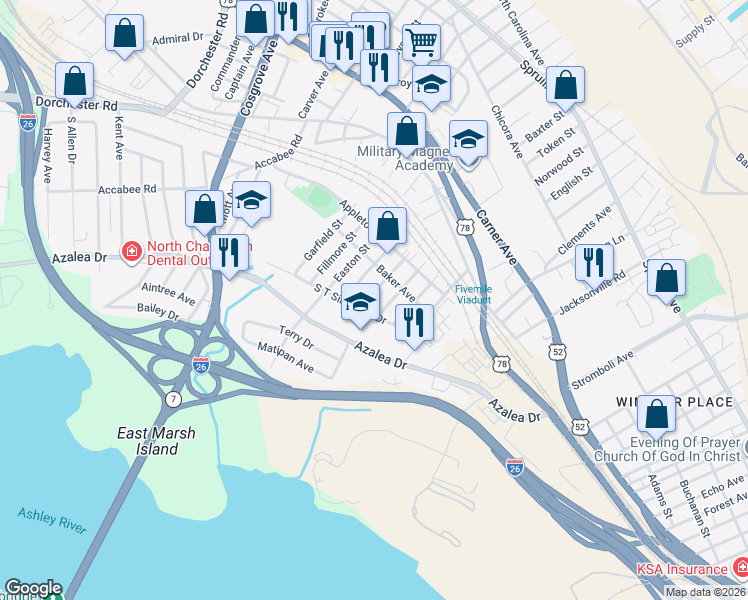 map of restaurants, bars, coffee shops, grocery stores, and more near 2228 Becker Street in North Charleston